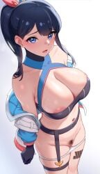 black_gloves black_hair black_skirt blue_eyes blue_jacket blush breasts cleavage criss-cross_halter criss-cross_top cross-halter female gloves gridman_universe gridman_universe_(film) hair_ribbon halter_bikini halterneck highres houkago_shounen jacket large_breasts leg_tattoo long_hair looking_at_viewer midriff multicolored_clothes multicolored_jacket navel off_shoulder official_alternate_costume official_alternate_hairstyle open_mouth panties panty_pull ponytail pubic_hair pussy ribbon simple_background skirt solo ssss.gridman takarada_rikka tattoo thigh_strap thighs underwear white_background white_jacket