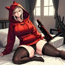 ai_generated bed blonde_hair chainsaw chilling hoodie on petite sitting skindentation stockings teenage_girl teenager tetillas_(artist) vibing