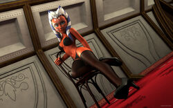 1girls 3d ahsoka_tano alien alien_girl artist_name bare_shoulders big_breasts bikini bikini_bottom bikini_top blue_eyes busty chair clone_wars coruscant curvy eyelashes female female_only footwear front_view high_heels hourglass_figure humanoid indoors inside jedi jedi_padawan kondaspeter legwear looking_at_viewer mammal marking midriff orange_skin pose posing room see-through senate_building shadow shiny shiny_skin sitting solo star_wars stockings swimsuit thong togruta voluptuous wide_hips