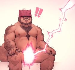 bara body_hair censored_genitalia exclamation_point eyes_covered facial_hair furry john69tsuyoshi lightning_bolt looking_surprised male_only mr_knit_hat quiver shocked_expression