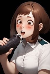 ai_generated big_eyes big_penis blowjob blush cock_awe cum cum_dripping dark-skinned_male handjob interracial looking_at_penis my_hero_academia nomu ochako_uraraka open_mouth school_uniform schoolgirl su_whore_(artist) sweating sweaty veiny_penis