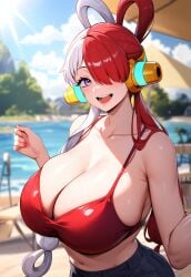 ai_due ai_generated ai_hands bare_midriff big_breasts bikini blurred_background bra breast_squish breast_support breasts breasts_bigger_than_head clavicle cleavage day deep_cleavage female female_only hair_over_eye hair_over_one_eye headphones huge_breasts jean_shorts large_breasts light-skinned_female light_skin long_neck multicolored_hair neck one_piece one_piece_film_red open_mouth_smile poolside purple_eyes red_bra red_hair red_nails ribbon_hair shounen_jump sideboob smiling smiling_at_viewer sunlight two_tone_hair uta_(one_piece) voluptuous voluptuous_female white_hair