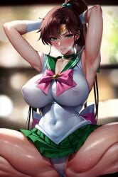 ai_generated armpit_fetish armpits big_breasts bishoujo_senshi_sailor_moon brown_hair clothing erect_nipples green_eyes large_breasts magical_girl makoto_kino nipples_visible_through_clothing panties ponytail sailor_jupiter skirt squatting tanumanai thick_thighs thighs upskirt voluptuous voluptuous_female