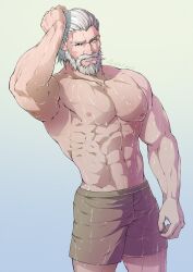 1boy 2017 beard blizzard_entertainment dilf evinist grandfather handsome himbo light-skinned_male light_skin male male_focus male_only mature mature_male muscles muscular muscular_male old_male old_man overwatch overwatch_2 reinhardt silver_fox smiling solo solo_focus solo_male wet wet_body white_hair