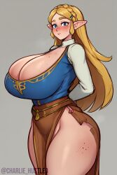 ai_generated blue_clothing breasts_bigger_than_head brown_clothing charlie_hustle freckles huge_ass huge_breasts pelvic_curtain princess_zelda side_slit tagme the_legend_of_zelda thick_thighs wide_hips zelda_(breath_of_the_wild)