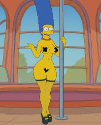 artstyle_imitation fishnet_stockings fonglet maebari marge_simpson narrow_waist pearl_necklace platform_heels pole_dancing red_necklace stripper taped_nipples teeth the_simpsons thick_thighs