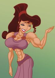 1girls alluring athletic_female big_breasts brown_hair disney dress fit_female hercules_(1997) hercules_(disney) megara purple_eyes sports_bra testground