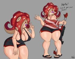 1girls 2d_(artwork) ade_(ghostlyshroom) asking cleavage closed_eyes digital_drawing_(artwork) female female_focus female_only flip_flops fully_clothed fully_clothed_female ghostlyshroom hand_gesture octoling octoling_girl octoling_rival peace_sign question scope smile smiling smiling_at_viewer sniper splatoon splatoon_3 sports_bra talking_to_viewer tentacle_hair thick thick_thighs v weapon