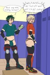 big_penis bubble_butt bulge_through_clothing color dialogue embarrassed freckles izuku_midoriya katsuki_bakugou kiahl kneepads lobsterkiahl locker_room male_only muscular muscular_male my_hero_academia padding small_penis small_penis_humiliation sneakers stuffed_crotch stuffing thick_thighs thighhighs thong tissue tissue_box workout_clothes