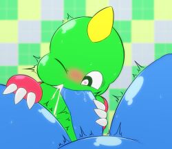 big_penis blush blush_lines bob_(bubble_bobble) bodily_fluids bub_(bubble_bobble) bubble_bobble cheek_bulge cum cum_in_mouth cum_inside dinosaur duo fellatio genital_fluids genitals heart_eyes heart_symbol k--10 k-10 male male/male oral oral_penetration penetration penile penis reptile scalie sex taito