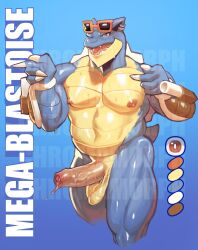 4_fingers absurd_res anthro anthro_only areola balls biped blastoise blue_body chromamorph claws color_swatch countershade_face countershade_torso countershading ear_piercing erection eyewear eyewear_on_head fingers foreskin generation_6_pokemon genitals hi_res humanoid_genitalia humanoid_penis male mega_blastoise mega_evolution nintendo nipples open_mouth penis piercing pokemon pokemon_(species) solo sunglasses sunglasses_on_head tail yellow_body yellow_countershading