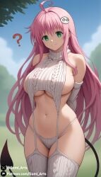 ? ai_generated arms_behind_back demon_tail green_eyes gumi_arts hair_ornament lala_satalin_deviluke large_breasts long_hair looking_at_viewer outdoors panties pink_hair sideboob smile stable_diffusion stockings tail thighhighs to_love-ru to_love-ru_darkness to_love-ru_darkness_2nd underboob very_long_hair virgin_destroyer_sweater virgin_killer_sweater