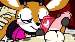 1boy 1girls 69 accurate_art_style aggressive_retsuko aggretsuko animated anthro ass backsack canaryprimary distracted female furry handjob manumaru phone sanrio sex sound stroking_penis tagme tsunoda tsunoda_(aggretsuko) unfinished video