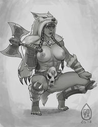 2018 abs animal_hood areolae armor axe belt blizzard_entertainment braid breasts brooch clitoris durotan feet female female_only female_pubic_hair front_view full_body functionally_nude fur_trim genderswap genderswap_(mtf) gotalex greyscale hair_between_eyes holding_weapon hood humanoid large_breasts melee_weapon monochrome muscles muscular_female nipples orc orc_female orc_shaman parted_lips pubic_hair pussy rule_63 serratus_anterior shaman shaman_(warcraft) shin_guards side_braids sidelocks signature skull solo spikes squatting stirrup_socks toeless_legwear toes twin_braids vambraces warcraft wolf_hat world_of_warcraft