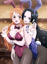 2girls ai_generated big_breasts boa_hancock boobs_pressed breasts bunny_ears bunny_girl bunnysuit cum cum_on_breasts female female_focus female_only jemmasoria jenmna nami one_piece paizuri post-timeskip sweat sweaty sweaty_breasts titjob tongue tongue_out