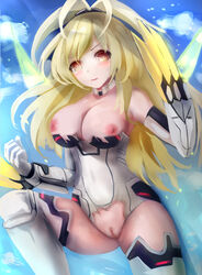 bare_shoulders blonde_hair blush breasts claws collar elbow_gloves eyebrows_visible_through_hair female gloves kami_jigen_game_neptune_v large_breasts leotard long_hair neptunia_(series) nipples orange_eyes peashy power_symbol pussy solo suterisu symbol-shaped_pupils thighhighs yellow_heart_(neptunia)