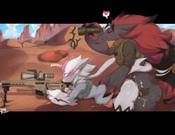 2boys big_ass big_butt black_fur blush cum cum_in_ass cum_inside femboy feminine_male gay girly holding_waist male male/male pokémon_(species) pokemon pokemon_(species) sam_(zoroark) shiny_pokemon shooting_gun size_difference stomach_bulge vilf white_fur yaoi zeraora zoroark