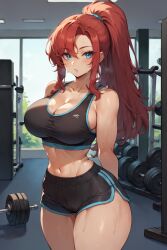 1girls ai_generated blue_eyes clothed cutesexyrobutts_(ai_style) cutesexyrobutts_ai_artstyle_imitation dumbbell female fully_clothed gym gym_clothes gym_shorts gym_topwear gym_uniform inside long_hair looking_at_viewer ponytail red_hair solo solo_female sweat window