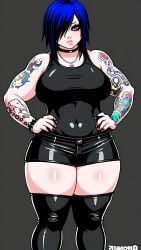 ai_generated big_breasts bitting_lip blue_hair choker dog_tag e-girl egirl emo eyeshadow female goth necklace shorts spiked_bracelet tattoo tattoos tetillas_(artist) thick_thighs thighhighs thighs tight_fit tight_topwear