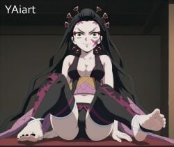 ai_generated black_nail_polish blonde_hair daki_(kimetsu_no_yaiba) demon_slayer faiart female foot_fetish foot_focus kimetsu_no_yaiba nail_polish sitting