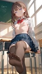 ai_generated blue_eyes brown_hair classroom feet feet_fetish feet_focus female female_only hard_nipples long_hair nipples playful school_uniform schoolgirl small_breasts smaller_female sole_female stockings