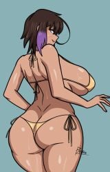 1girls anyssa ass ass_focus big_boobs big_breasts bikini brown_hair butt butt_focus clothed clothing female female_only huge_breasts looking_at_viewer looking_back original purple_eyes purple_hair purple_nails pyratino short_hair solo tagme tan_skin teeth yellow_bikini