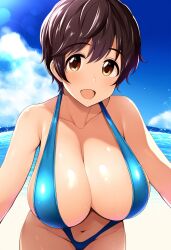 ai_generated big_breasts bikini brown_eyes brown_hair cleavage collarbone huge_breasts idolmaster idolmaster_cinderella_girls keinovelnovelai oikawa_shizuku revealing_clothes short_hair