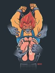 1boy 2021 arm_cuffs ball_gag closed_eyes feet gag lion-o magic_hands male male_feet male_focus nipples pinching_nipples plain_background punishment redfortbear stocks thundercats tickle_torture tickling tickling_feet tickling_nipples toes toes_tied