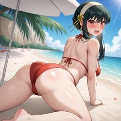 ai_generated ass back back_view beach bikini blush breasts female headband open_mouth pointy_chin red_bikini red_eyes sand spy_x_family water white_skin yor_briar