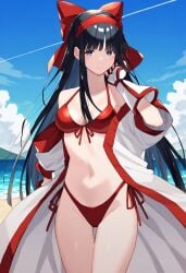 1girls ai_generated ainu_clothes arm_behind_back beach big_breasts bikini black_hair breasts brown_eyes busty cleavage female female_only fingerless_gloves gloves hair_ribbon hand_on_own_face hi_res king_of_fighters large_breasts legs long_hair nakoruru navel ocean open_clothes red_bikini samurai_shodown sensual smile snk thighs voluptuous water