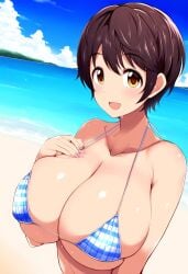 ai_generated big_breasts bikini brown_eyes brown_hair cleavage collarbone huge_breasts idolmaster idolmaster_cinderella_girls keinovelnovelai oikawa_shizuku revealing_clothes short_hair