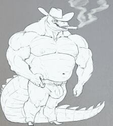 anthro balls belt belt_buckle biceps big_tail boots bottomwear buckle bulge cigar clothing cowboy cowboy_boots cowboy_hat crocodilian denim denim_bottomwear denim_clothing detailed_bulge footwear genitals hat headgear headwear jeans male musclegut muscular muscular_anthro muscular_male nipples pants papyreit pecs penis reptile scalie shoes smoking solo tail