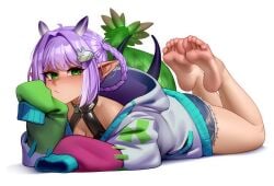 baggy_clothing barefoot cleavage earwear elf_ears feet feet_together feet_up female female_only foot_fetish green_eyes indie_virtual_youtuber jorts kairuhentai kairunoburogu laying_down laying_on_stomach neckwear obii_(vtuber) purple_hair shorts soles the_pose virtual_youtuber vtuber vtuberfanart