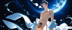 1boy abs ai_generated bangs bara black_hair blue_eyes censored cowboy_shot flaccid full_moon goldenfieldszho jujutsu_kaisen large_pectorals looking_at_viewer male_focus male_pubic_hair moon muscular muscular_male navel night night_sky nipples nude off_shoulder open_clothes parted_lips pectorals penis pubic_hair short_hair sky smile solo star_(sky) starry_sky sweat testicles toned toned_male water yuta_okkotsu