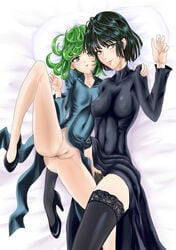 2girls absurdres bangs bare_legs bed bed_sheet black_footwear blush breasts censored closed_mouth collarbone curly_hair dress erect_nipples eyebrows_visible_through_hair female female_only from_above fubuki_(one-punch_man) full_body green_dress green_eyes green_hair hair_between_eyes high_heels highres impossible_clothes in_bed legs lips looking_at_viewer lying medium_breasts multiple_girls navel nipple_bulge nipples on_back on_side one-punch_man pokies pubic_hair pussy senga short_hair siblings sisters skin_tight skindentation skirt_around_belly small_breasts spread_legs stomach tatsumaki tight_clothing underboob