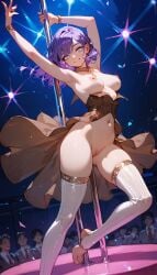 ai_generated brown_dress dancing dancing_pole female female_only hard_nipples medium_breasts nipples purple_hair pussy short_hair silver_eyes sole_female stockings toeless_stockings