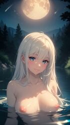 1girls ai_generated blue_eyes breasts breasts breasts female hi_res highres long_hair moon naked nighttime nipples nude original_character pixai river skinny_dipping smile solo stars swimming trees white_hair