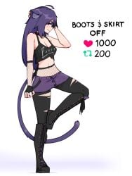 bell belly belly_button boots cat_ears cat_girl cat_tail catgirl claws clothed clothing collar earrings female fishnets gloves leash leash_and_collar purple_clothing purple_hair raddles radraddles ripped_clothing ripped_tights skirt small_breasts smirk smug stomach strip strip_game stripping stripping_game tail tank_top thighs tights tube_skirt twitter waist