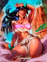 1girls black_hair chel clothing earrings kurogami large_breasts outdoors self_upload solo strapless tan-skinned_female tan_skin the_road_to_el_dorado tubetop