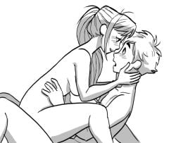 1boy 1boy1girl 1girls ahoge blush breasts completely_nude cowgirl_position curly_hair edgar_(the_red_muscle) eye_contact female_penetrated greyscale half-closed_eyes hand_on_another's_face happy_sex imminent_kiss implied_penetration leaning_forward lighting lipstick long_hair looking_at_another looking_pleasured love_making making_love male_penetrating male_penetrating_female monochrome ponytail riding romantic romantic_couple rudy_mora scarlet_(the_red_muscle) short_hair sideboob sitting sitting_on_lap smile spread_legs straddling surprised the_red_muscle thick_thighs tied_hair vaginal_penetration waist_grab white_background wholesome