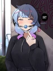 against_wall alterkyon ball_gag blue_eyes blue_hair copyright_request dildo_gag dildo_under_mask english_text female femsub gag gag_under_mask highres hood hoodie long_hair mask mouth_mask outdoors surgical_mask text