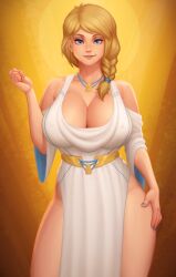 aurora_(zero_one) blonde_hair blue_eyes cleavage covered_nipples dress earrings female female_only french_braid fully_clothed hand_on_hip hips huge_breasts jodsy nail_polish necklace painted_fingernails painted_nails pale_skin thighs