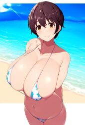 ai_generated big_breasts bikini brown_eyes brown_hair cleavage collarbone huge_breasts idolmaster idolmaster_cinderella_girls keinovelnovelai oikawa_shizuku revealing_clothes short_hair