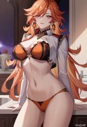 ai_generated big_breasts breasts cleavage cowboy_shot female genshin_impact hi_res lingerie long_hair mavuika_(genshin_impact) smile thick_thighs thighs vinzyai