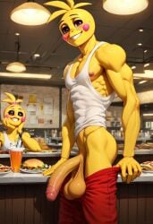 abs ai_generated anthro balls biceps big_balls big_penis blush chica_(fnaf) female_to_male five_nights_at_freddy's gay looking_at_viewer male male_only muscular muscular_male nipples nude_male pants_down pecs penis showing_penis smile toned_body toned_male twall97 yellow_body