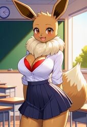 :3d ai_generated anthro big_breasts breasts brown_body brown_fur cleavage creatures_(company) eeveelution evee female female_focus female_only kemonogirls large_breasts nintendo pleated_skirt pokemon pokemon_(species) red_bra red_underwear solo underwear