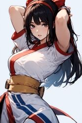 1girls ainu_clothes armpits arms_behind_head big_breasts black_hair breasts brown_eyes busty female female_only fingerless_gloves hair_ribbon half-closed_eyes king_of_fighters large_breasts legs long_hair looking_at_viewer nakoruru pants parted_lips posing samurai_shodown seductive seductive_look sensual sexy_pose snk thighs voluptuous