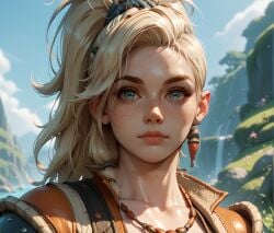 ai_generated blonde_hair blue_eyes eogard_orc freckles gemma_(monster_hunter_wilds) high_ponytail monster_hunter necklace outdoors portrait self_upload stable_diffusion