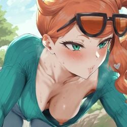 1girls accidental_exposure ai_generated areolae blush breasts down_blouse female female_focus female_only glasses glasses_on_head green_eyes hanging_breasts large_breasts long_hair nipples no_bra nyakki orange_hair outdoors pokemon pokemon_swsh public_indecency solo solo_female sonia_(pokemon)