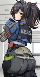 1girls ass black_hair blue_jacket blurry blurry_background blush closed_mouth cowboy_shot dot_mouth female from_behind handlebar handles high-waist_pants highres indoors jacket katsuragi_nantoka looking_at_viewer looking_back metal_hairband multicolored_hair pants police police_uniform policewoman ponytail red_eyes red_hair solo streaked_hair tight_clothes tight_pants zenless_zone_zero zhu_yuan